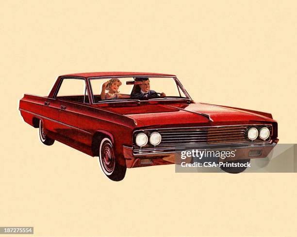 vintage red car - couple with car stock illustrations