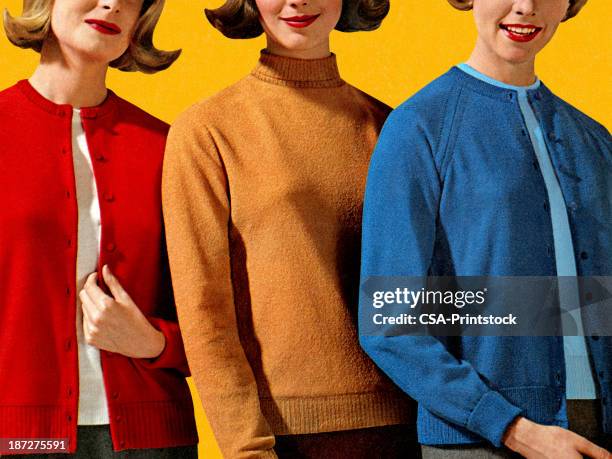 ilustraciones, imágenes clip art, dibujos animados e iconos de stock de tres mujeres de diferentes colores jerseys - sweater