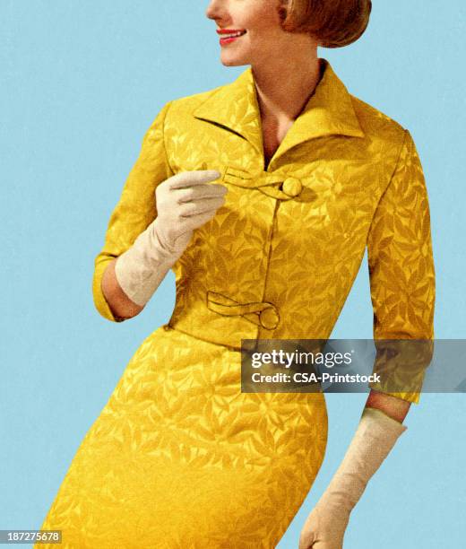 bildbanksillustrationer, clip art samt tecknat material och ikoner med smiling woman wearing vintage yellow suit - gul handske