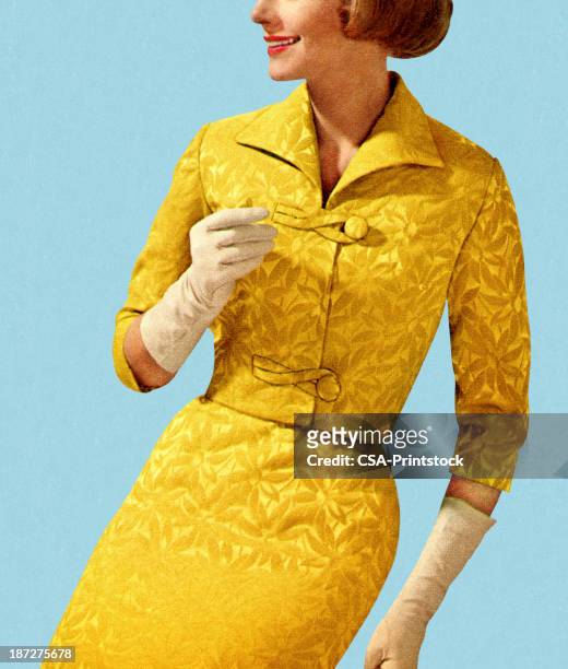 smiling woman wearing vintage yellow suit - yellow dress stock illustrations