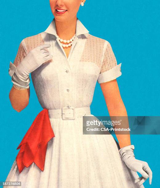woman wearing white dress with red handkerchief - artist's model stock illustrations
