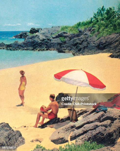couple at the beach - retro swimwear stock illustrations