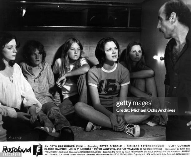 Actresses Brigitte Ariel, Isabelle Huppert, Debra Berger, Kim Cattrall and Lalla Ward on set of the United Artist movie "Rosebud" in 1975.