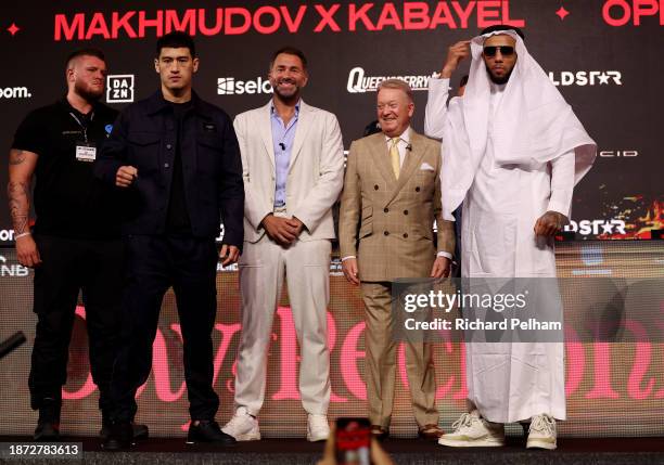 Jarrell Miller and Daniel Dubois pose for a photo with Promotor Eddie Hearn, Chairman of Matchroom Sport, and Manager and Promoter Frank Warren,...