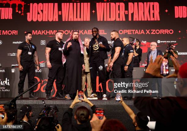 General view as the Media observe as Deontay Wilder poses for a photograph with Joseph Parker during the press conference ahead of the Heavyweight...