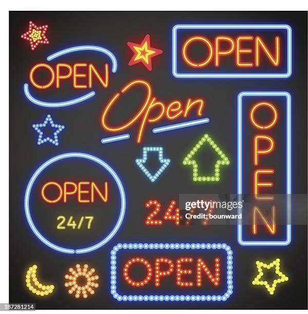 illustrazioni stock, clip art, cartoni animati e icone di tendenza di aprire il segno al neon - entrance sign