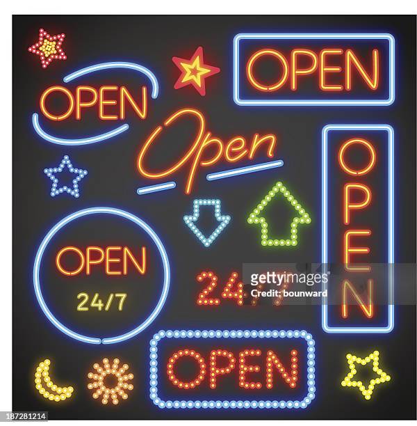 bildbanksillustrationer, clip art samt tecknat material och ikoner med several options for neon signs that say open - shop entrance