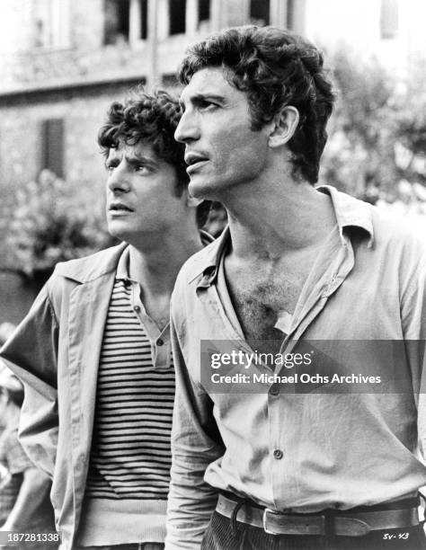Actors Sergio Franchi and Giancarlo Giannini on set of the United Artist movie "The Secret of Santa Vittoria" in 1969.