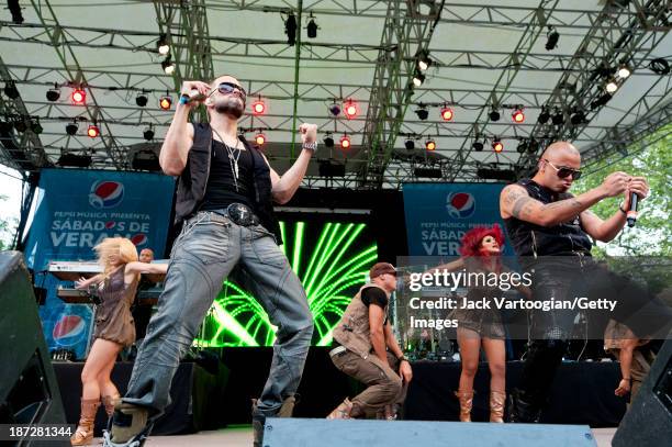 Puerto Rican Reggaeton singers Wisin y Yandel perform, with their backing dancers, at Central Park SummerStage, New York, New York, August 13, 2011....