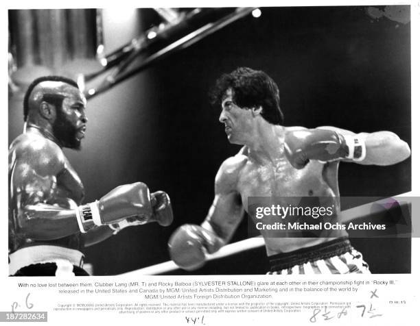 Actors Mr. T and Sylvester Stallone on set of the MGM/United Artist movie "Rocky III" in 1982.