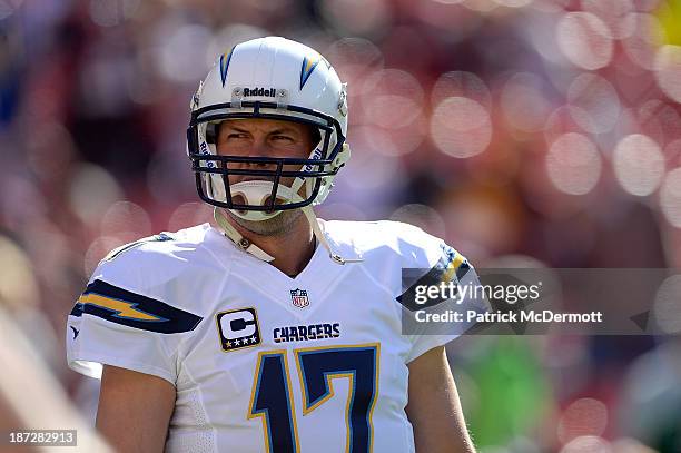 Philip Rivers of the San Diego Chargers warms up prior to the start of an NFL game against the Washington Redskins at FedExField on November 3, 2013...