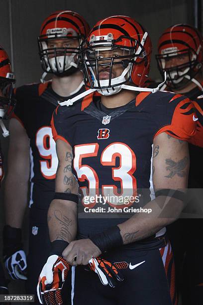 Michael Boley of the Cincinnati Bengals waits to take the field for the game against the New York Jets at Paul Brown Stadium on October 27, 2013 in...