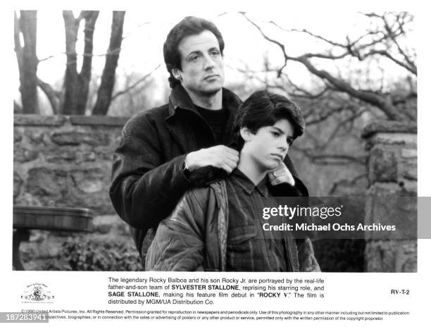 Actor Sylvester Stallone and his son actor Sage Stallone on set of the MGM/UA movie "Rocky V" in 1990.
