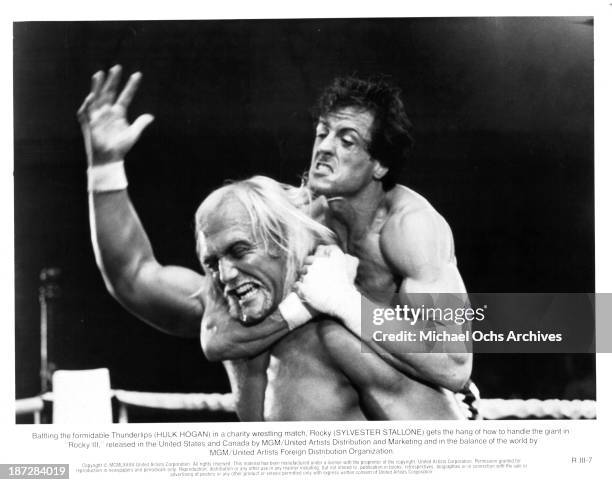 Actor Sylvester Stallone and actor Hulk Hogan on set of the MGM/United Artist movie "Rocky III" in 1982.