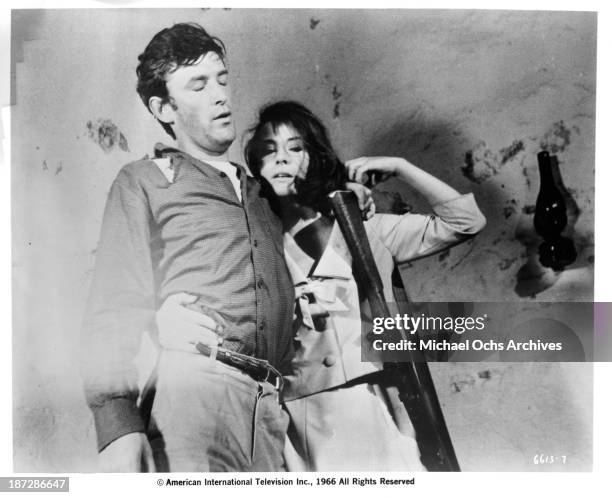 Actor Tom Bell and actress Diane Baker on set of the movie "Sands of Beersheba" in 1966.