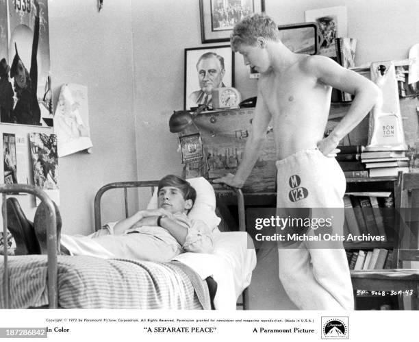 Actors Parker Stevenson and John Heyl on set of the Paramount Pictures movie "A Separate Peace" in1972.