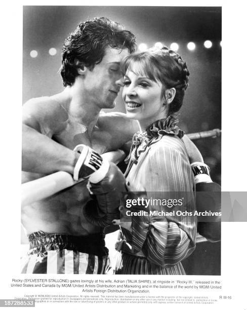 Actor Sylvester Stallone and actress Talia Shire on set of the MGM/United Artist movie "Rocky III" in 1982.