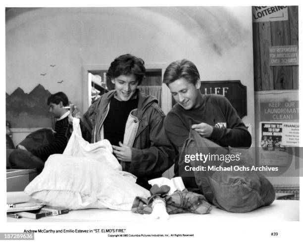 Actors Andrew McCarthy and Emilio Estevez on set of the Columbia Pictures movie "St. Elmo's Fire" in 1985.