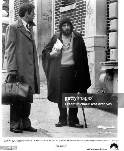 Actors Al Pacino and Tony Roberts on set of the Paramount Pictures movie "Serpico" in 1973.