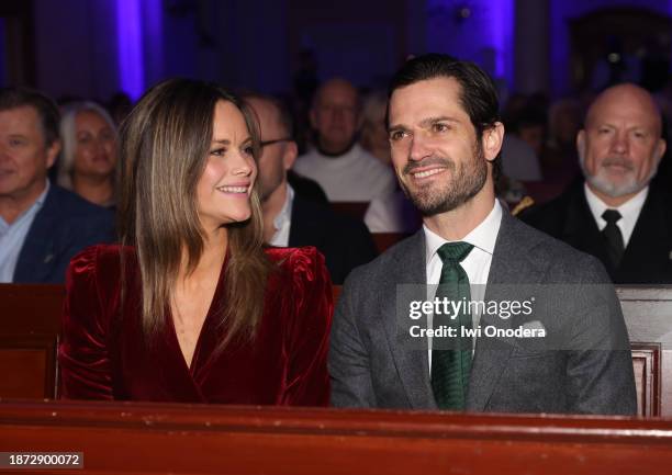 Princess Sofia of Sweden and Prince Carl Philip attend the concert "Christmas in Vasastan" at Gustaf Vasa Church on December 21, 2023 in Stockholm,...
