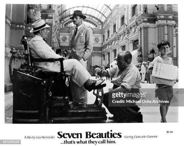 Actor Giancarlo Giannini on set of the movie "Seven Beauties" in 1975.