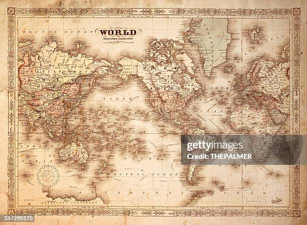 ilustraciones, imágenes clip art, dibujos animados e iconos de stock de mapa del mundo 1854 - old world map