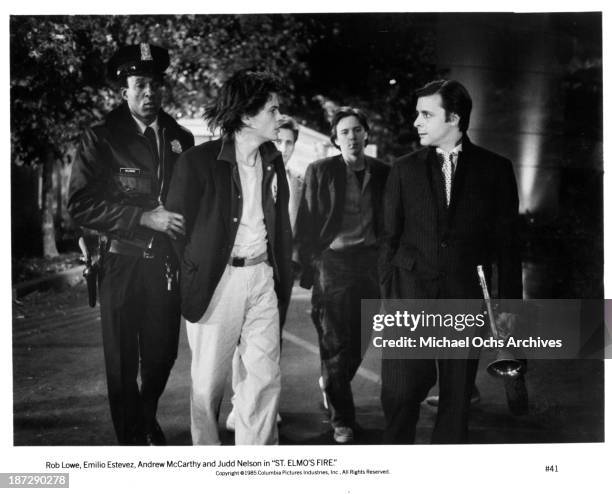 Actors Rob Lowe,Emilio Estevez, Andrew McCarthy and Judd Nelson on set of the Columbia Pictures movie "St. Elmo's Fire" in 1985.