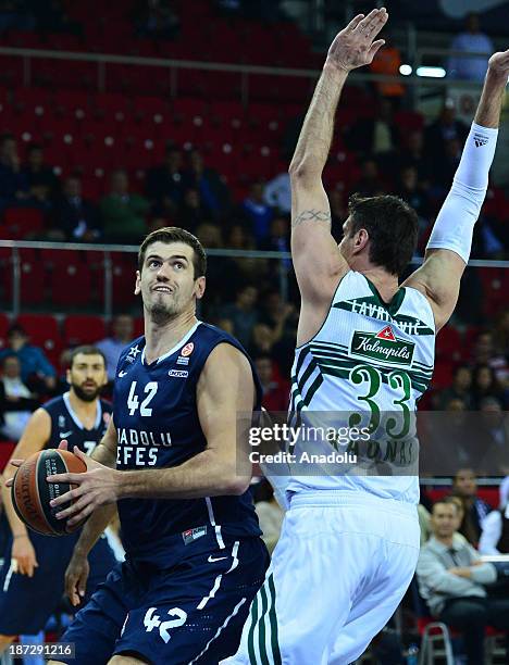 Stanko Barac of Anadolu Efes vies with Ksistof Lavrinovic of Zalgiris Kaunas during the Turkish Airlines Euroleague Group B basketball match between...