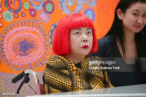 Yayoi Kusama speaks during the Yayoi Kusama "I Who Have Arrived In Heaven" Exhibition Press Preview at David Zwirner Art Gallery on November 7, 2013...