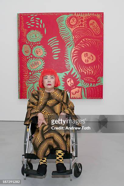 Yayoi Kusama attends the Yayoi Kusama "I Who Have Arrived In Heaven" Exhibition Press Preview at David Zwirner Art Gallery on November 7, 2013 in New...