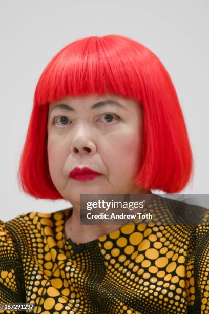 Yayoi Kusama speaks during the Yayoi Kusama "I Who Have Arrived In Heaven" Exhibition Press Preview at David Zwirner Art Gallery on November 7, 2013...