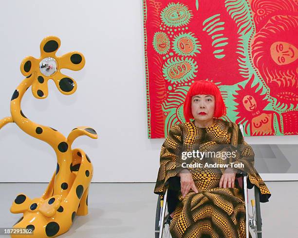 Yayoi Kusama attends the Yayoi Kusama "I Who Have Arrived In Heaven" Exhibition Press Preview at David Zwirner Art Gallery on November 7, 2013 in New...