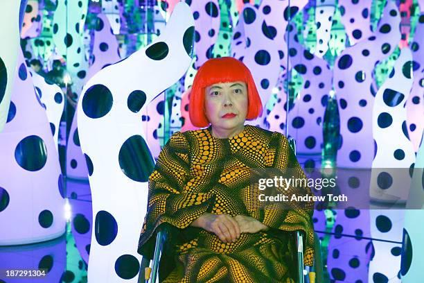 Yayoi Kusama attends the Yayoi Kusama "I Who Have Arrived In Heaven" Exhibition Press Preview at David Zwirner Art Gallery on November 7, 2013 in New...