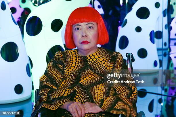 Yayoi Kusama attends the Yayoi Kusama "I Who Have Arrived In Heaven" Exhibition Press Preview at David Zwirner Art Gallery on November 7, 2013 in New...