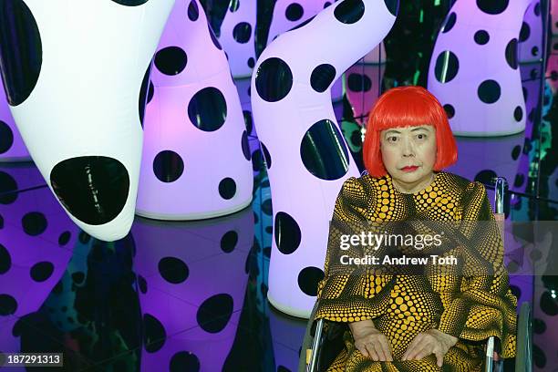 Yayoi Kusama attends the Yayoi Kusama "I Who Have Arrived In Heaven" Exhibition Press Preview at David Zwirner Art Gallery on November 7, 2013 in New...