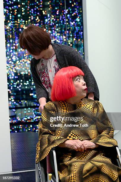 Yayoi Kusama attends the Yayoi Kusama "I Who Have Arrived In Heaven" Exhibition Press Preview at David Zwirner Art Gallery on November 7, 2013 in New...