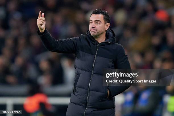 Xavi Hernandez, head coach of FC Barcelona reacts during the LaLiga EA Sports match between FC Barcelona and UD Almeria at Estadi Olimpic Lluis...