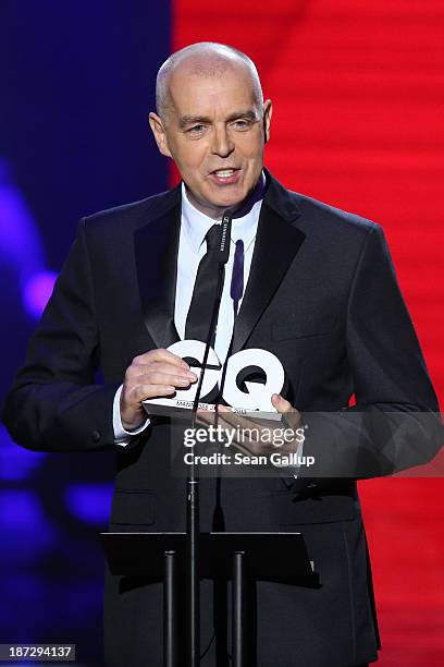 Neil Tennant singer of "The Pet Shop Boys" receives an award on stage at the GQ Men Of The Year Award at Komische Oper on November 7, 2013 in Berlin,...