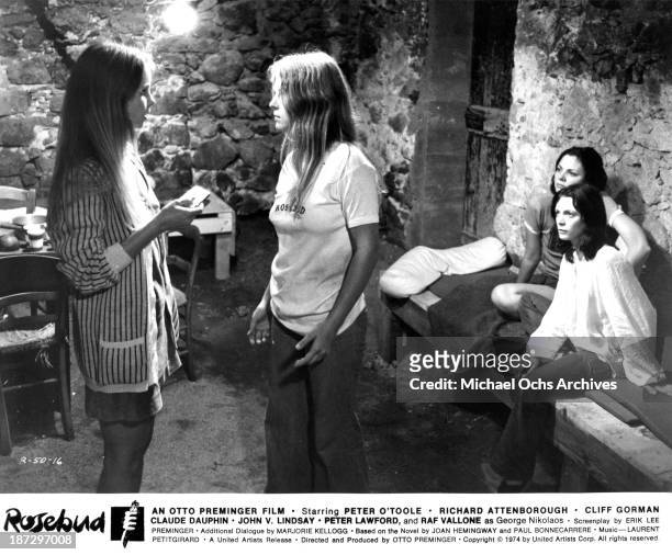 Actresses Lalla Ward, Debra Berger Kim Cattrall and Brigitte Ariel on set of the United Artist movie "Rosebud" in 1975.