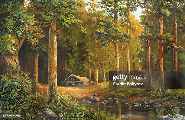 stockillustraties, clipart, cartoons en iconen met an oil painting of a wooden cabin in a forest clearing - blokhut