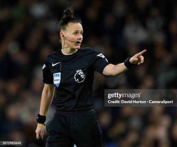 Referee Rebecca Welch during the Premier League match between Fulham FC and Burnley FC at Craven Cottage on December 23, 2023 in London, England.