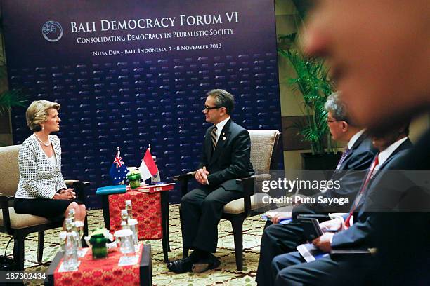 Indonesian Minister of Foreign Affairs Marty Natalegawa talks with Australian Minister of Foreign Affairs Julie Bishop on bilateral talk during Bali...