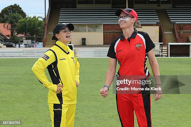Nicole Bolton of the Fury and Lauren Ebsary of the Scorpions toss the coin before the WT20 match between South Australia and Western Australia on...
