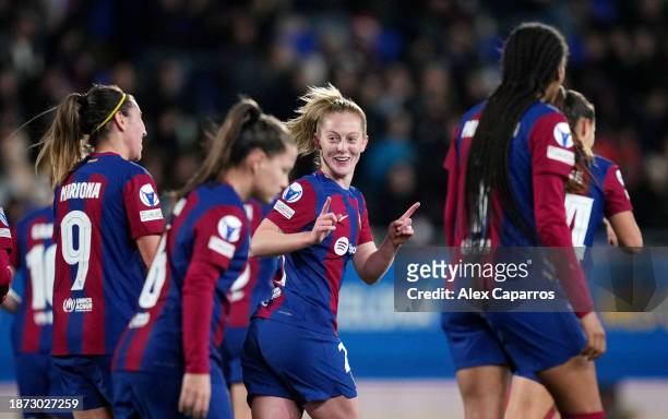 Keira Walsh of FC Barcelona celebrates with teammates after scoring their team's first goal during the UEFA Women's Champions League group stage...