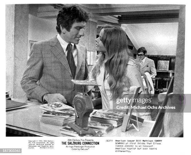 Actor Barry Newman and actress Karen Jensen on set of the 20th Century-Fox movie "The Salzburg Connection" in 1972.