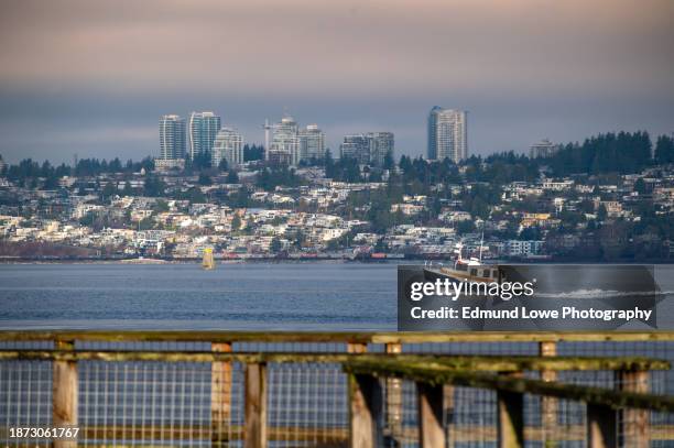 city of white rock, british columbia, canada as seen from semiahmoo spit. - surrey british columbia stock pictures, royalty-free photos & images