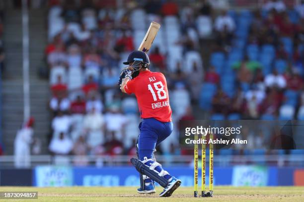 Moeen Ali of England bats during the 5th T20 International between the West Indies and England at the Brian Lara Cricket Academy on December 21, 2023...
