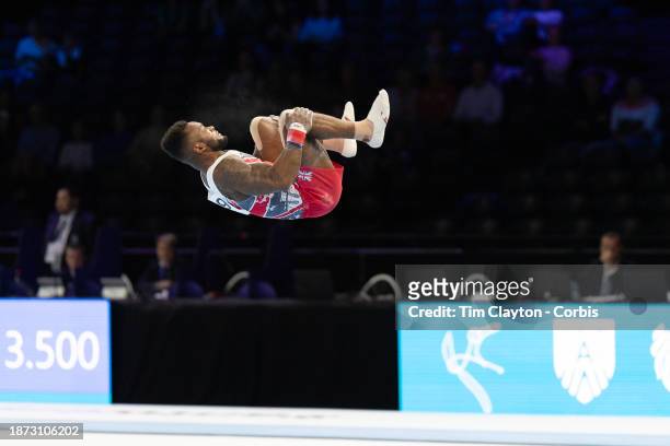 October 01: Courtney Tulloch of Great Britain performs his floor routine during Men's Qualifications at the Artistic Gymnastics World...