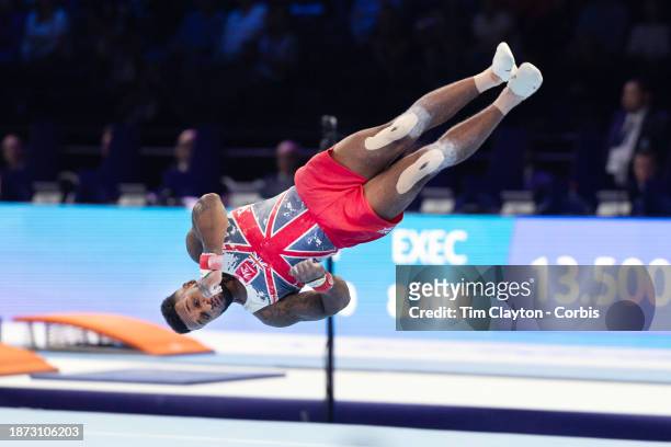 October 01: Courtney Tulloch of Great Britain performs his floor routine during Men's Qualifications at the Artistic Gymnastics World...