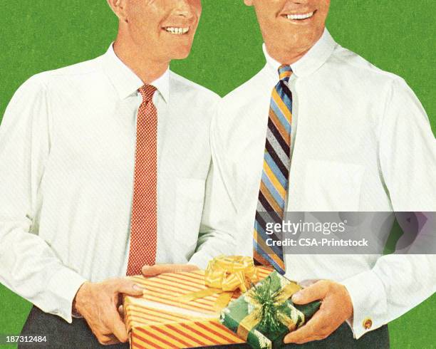 zwei männer holding geschenke - krawatte stock-grafiken, -clipart, -cartoons und -symbole
